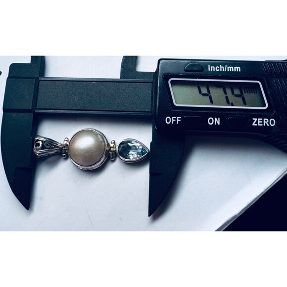 925 Sterling Silver Pearl & Blue Topaz Teardrop Pendant Vintage Estate Jewelry - Picture 5 of 9